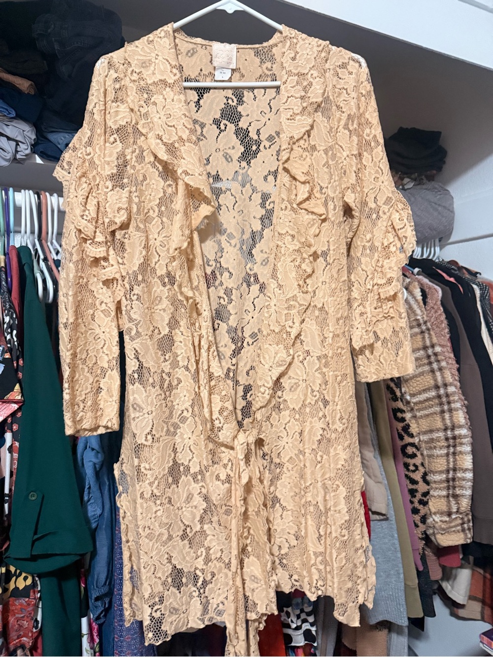 Lace Ruffle Tie-Front Blouse in Beige